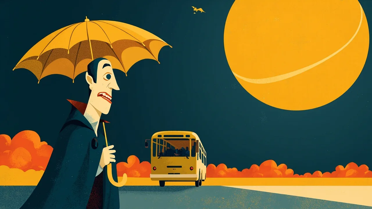 A pale vampire in a cape shields himself from a huge sun with a yellow parasol, waiting beside a city bus